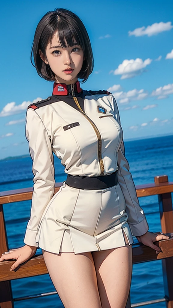 15-year-old girl、Earth Federation Operator Girl Soldier、Black short hair、Idol-level cuteness、Childish face and appearance、Accurately drawn faces、thin、Skirt Earth Federation Uniform、White and blue uniform、(A uniform that fits the body:1.3)、Very thin thighs、Inside the bridge of a battleship、Low angle shot、Anatomically correct、Accurate Fingers、Accurate Rimbuster Piece、Photorealization