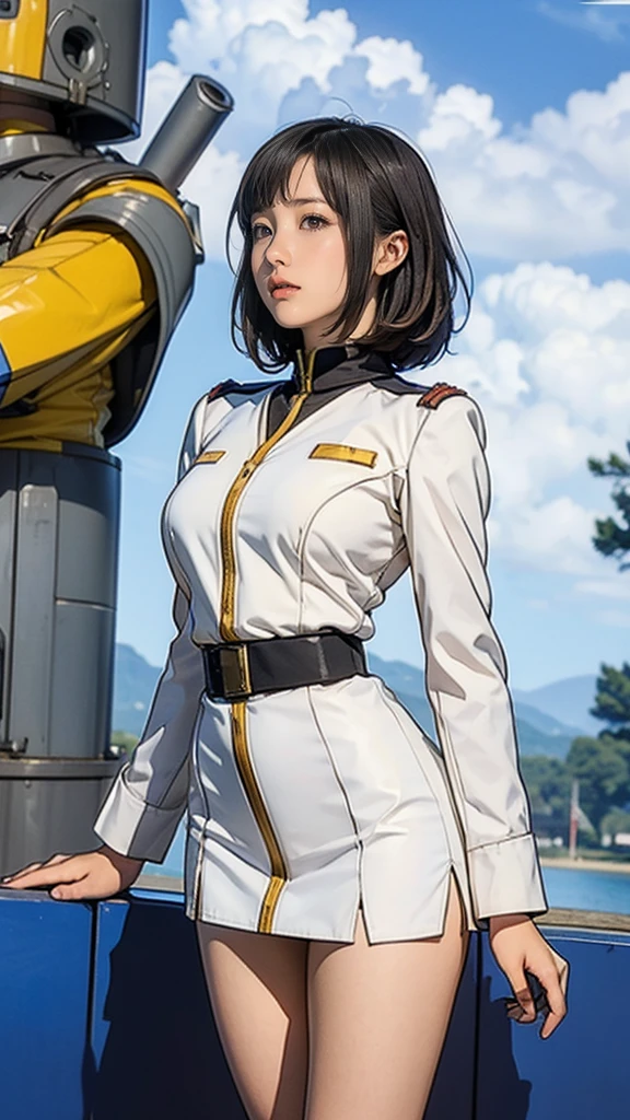 、Earth Federation Operator Girl Soldier、Black short hair、Idol-level cuteness、Childish face and appearance、Accurately drawn faces、thin、Skirt Earth Federation Uniform、White and blue uniform、A uniform that fits the body、Very thin thighs、Inside the bridge of a battleship、Low angle shot、Anatomically correct、Accurate Fingers、Accurate Rimbuster Piece、Photorealization