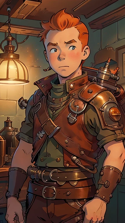(Teens:1male: Tintin), (extremely detailed CG unit 8k wallpaper),(master part), (best quality), (ultra detail), (best illustration),(SteampunkAI), cowboy shot, (Sharp eyeliner, ombre, detailed eyes:1), dark steampunk indoors background, ,break , (arrietty), upper body, very short hair,orange hair