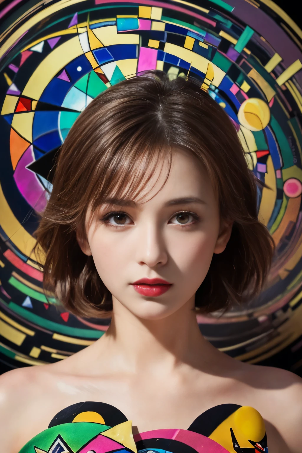 ((masterpiece:1.4, Highest quality)), (Realistic photos:1.4), (artwork),
((1 girl)), (Otherworldly beauty), (dream-like),
(超High resolution:1.2), Very delicate and beautiful, wonderful, Very detailedな CG Unity 8k 壁紙, Very detailed, High resolution,
Soft Light, Beautiful detailed girl, Very detailedな目と顔, Beautiful and exquisite nose, Beautiful and exquisite,
Cinema Lighting, Perfect Anatomy, Slender body, (Parted bangs),
(Portrait of Venus:1.5), (Abstract background with Kandinsky-style design:1.5),
Cowboy Shot