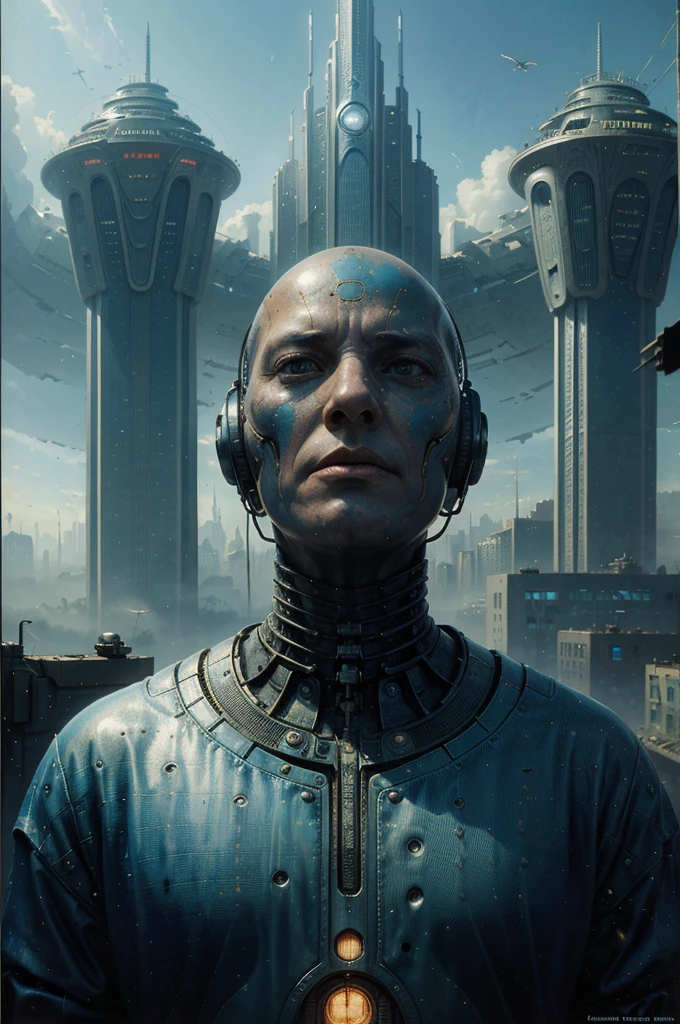 There is a painting of a futuristic city with a giant robot head, non-human face, Peter Gric and Dan Mumford, Beksiński and James Jean, Michael Whelan and Pixar, Justin Gerard and Greg Rutkowski, Style by Daniel Merriam, Andreas Rocha and John Howe , weta studio and James Jean, Larry MacDougall