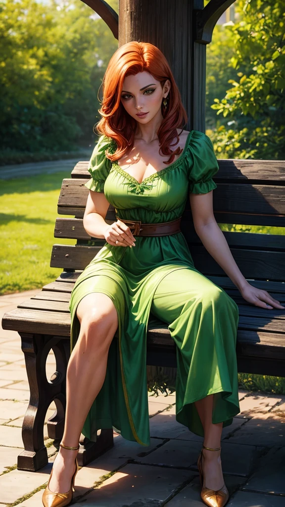 arafed woman sitting on a bench in a green dress, triss marigold cosplay, triss marigold, inspired by John Collier, fantasy photo shoot, succubus in sundress portrait, costume dress, glamorous jill valentine, copper and emerald, inspired by Vincent Lefèvre, full body portrait of jean grey, Realistic fantasy rendering, green dress