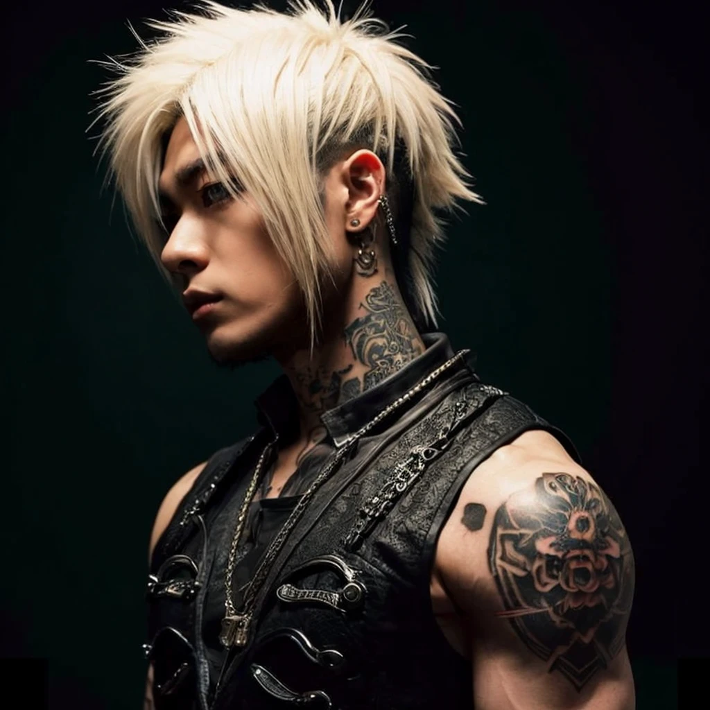 Man with short white anime hair with a black short-sleeved shirt and a dark gray scarf and a tattoo on his left arm and a potion in his hand