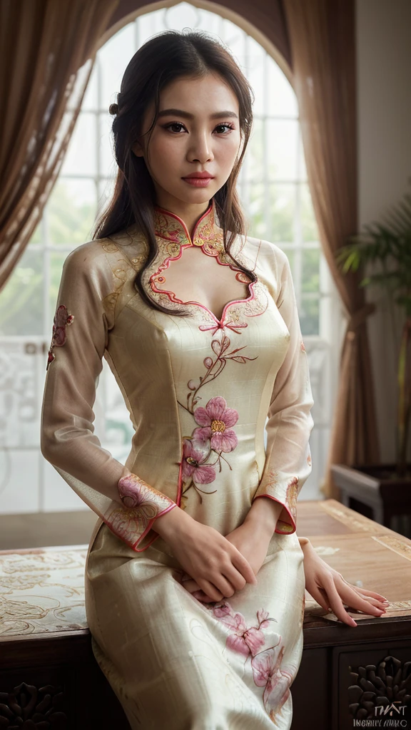 A gorgeous woman in a traditional Vietnamese ao dai dress, with a larger chest, intricate floral patterns, flowing fabric, delicate facial features, beautiful detailed eyes, beautiful detailed lips, extremely detailed face, long eyelashes, graceful pose, warm lighting, vibrant colors, cinematic composition, masterpiece, best quality, 8k, hyper-realistic, photorealistic, professional, cinematic lighting, vivid colors, detailed fabric textures, elegant, portrait