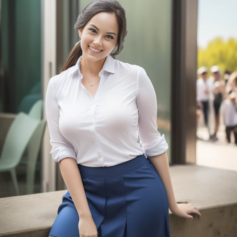 1girl, solo, (uniform), detailed Metropolitan city at the background, portrait, thick breasts, semi-curvy body, Sixpack abs, smooth realistic skin, little smile, tight white shirt, grey blue short skirt, looking at the audience, high angle shot,(8k, RAW photo, best quality, masterpiece: 1.3), (realistic, realistic: 1.37), ultra-high resolution, cowboy shot