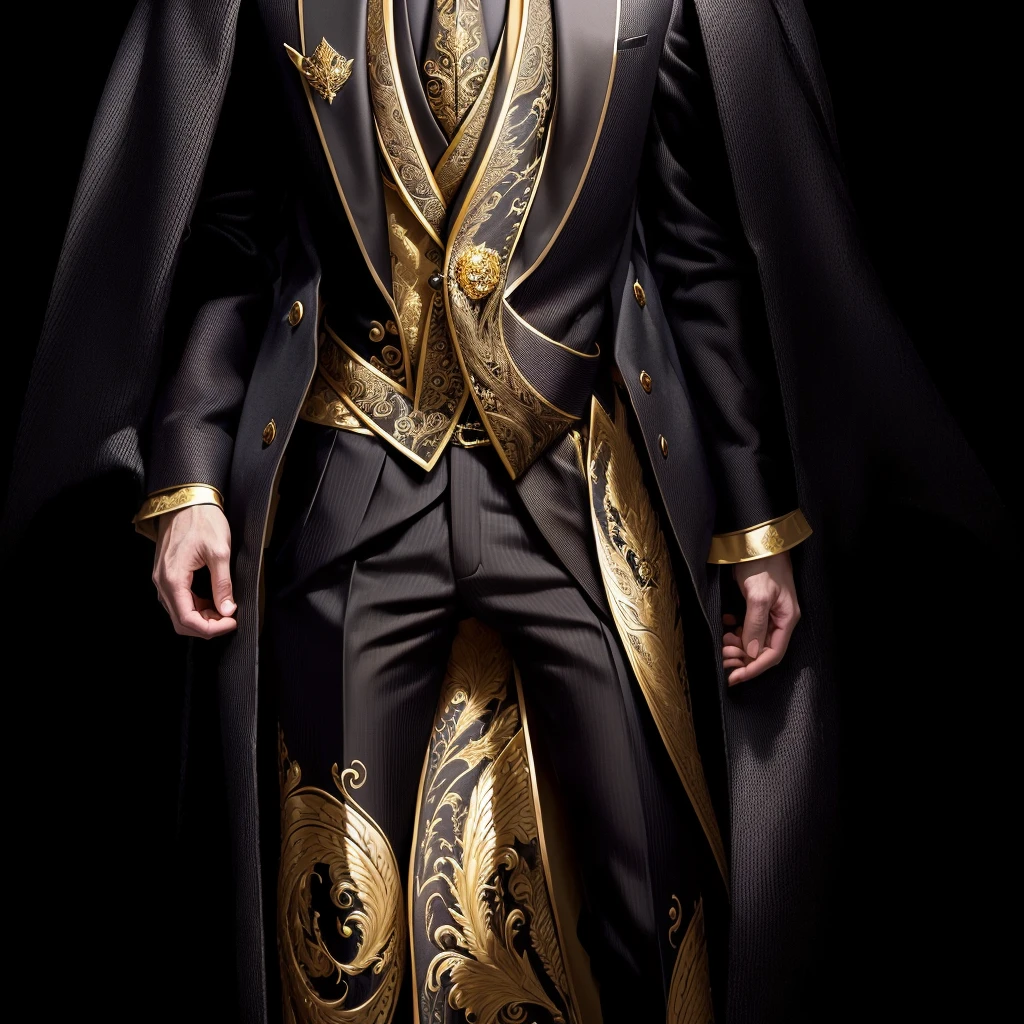 a close up of a person in a suit and tie, intricate suit, wearing fantasy formal clothing, ornate attire, wearing an ornate suit, ornate back tuxedo, elegant gold skin, dapper dream demon, platinum attire, full body detailed, ornate black tuxedo, gold suit, dragon - inspired suit, ((wearing aristocrat robe)), elegant yellow skin, lunar themed attire