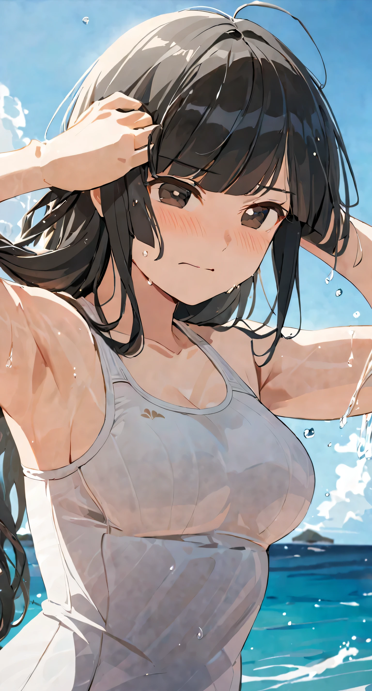 masterpiece,best quality, solo, eda, bangs, black hair, upper body,blue sky,cloud, shy expression, medium breast, hot, thicc, swimsuit , ocean, water, she is tying her hair, she is shy, embarrassed , she is embarrassed, dynamic pose, she is tying her hair, close shot, upper body, chubby, dynamic pose