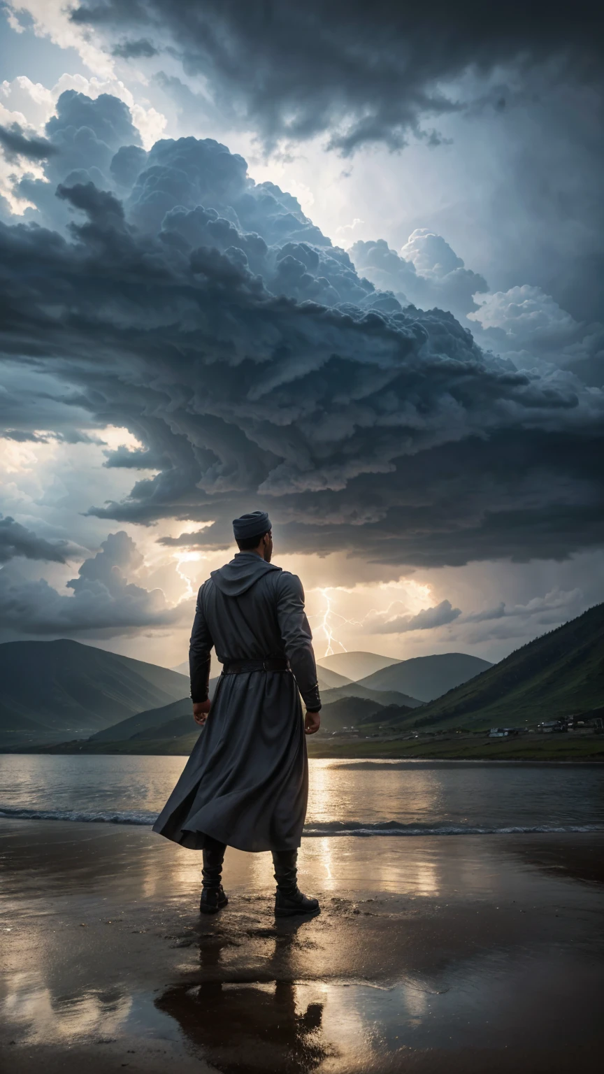 best quality,4k,8k,Ultra high resolution ,masterpiece:1.2),ultra-detailed,(realistic,photorealistic,photo-realistic:1.4), A handsome young man stands in front of a mosque with his arms raised. The sky behind the storm is covered with dark clouds. Back View,Full body front view, Front view, Hyper-realistic photography, gentle soft natural lightning, real photo,Cinematic style,realistic environment,low contrast, 32k resolution , highly detailed, realistic dress. Ultrarealistic water, tall hills