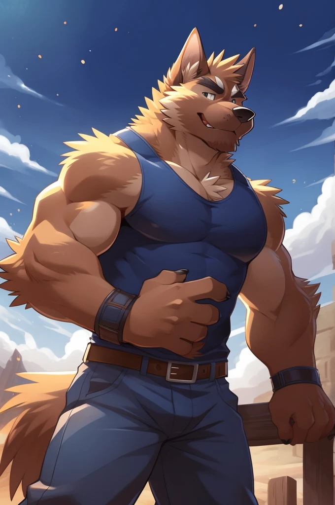 By Haps, 2boys, abs, animal ears, bara, belt, black fur, black tank top, blue eyes, blue shirt, brown fur, bulge, carrying, couple, dog boy, dog ears, eye contact, face-to-face, facial hair, feet out of frame, furry, furry male, furry with furry, grey fur, grey pants, heart, large pectorals, looking at another, male focus, mature male, multiple boys, muscular, muscular male, nipple slip, nipples, pants, paw print, pectoral press, pectorals, scar, scar on face, shirt, short hair, sidepec, smile, tail, tank top, thick arms, thick eyebrows, thick thighs, thighs, tight, wolf boy, wolf ears, wolf tail, yaoi