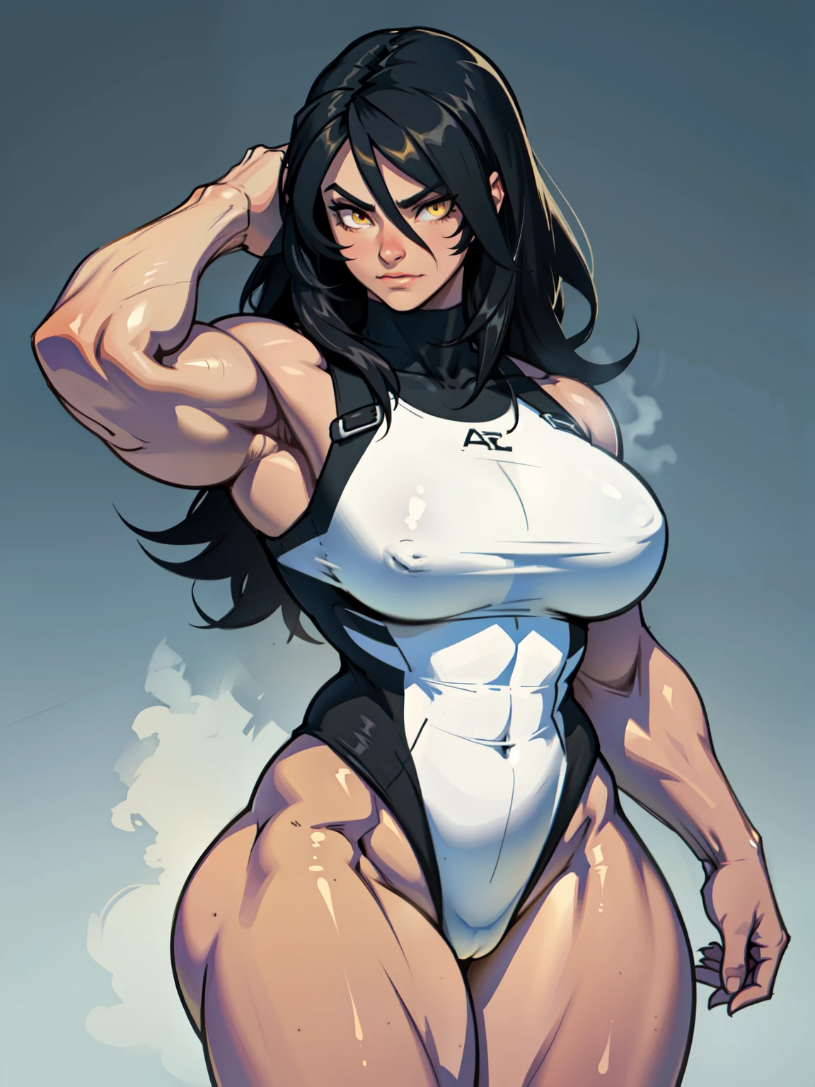 (((muscular girl toned body large breasts thick perfect anatomy))) yellow eyes black hair pale best quality