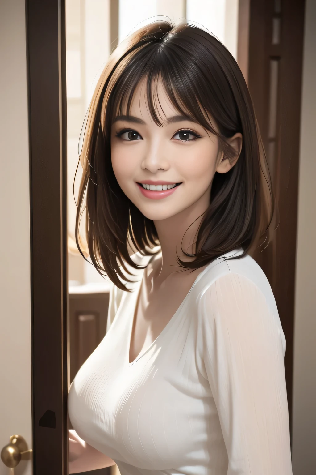 /(Modern house interior/), Only One Woman, Mature Woman, /(blue ribbed 汗er/), bangs, kind, Blushed Smile, (Top quality masterpiece:1.2) Delicate illustrations, Very detailed, Large Breasts、((Elegance)), In front of the entrance door、visit、(Full Shot)),