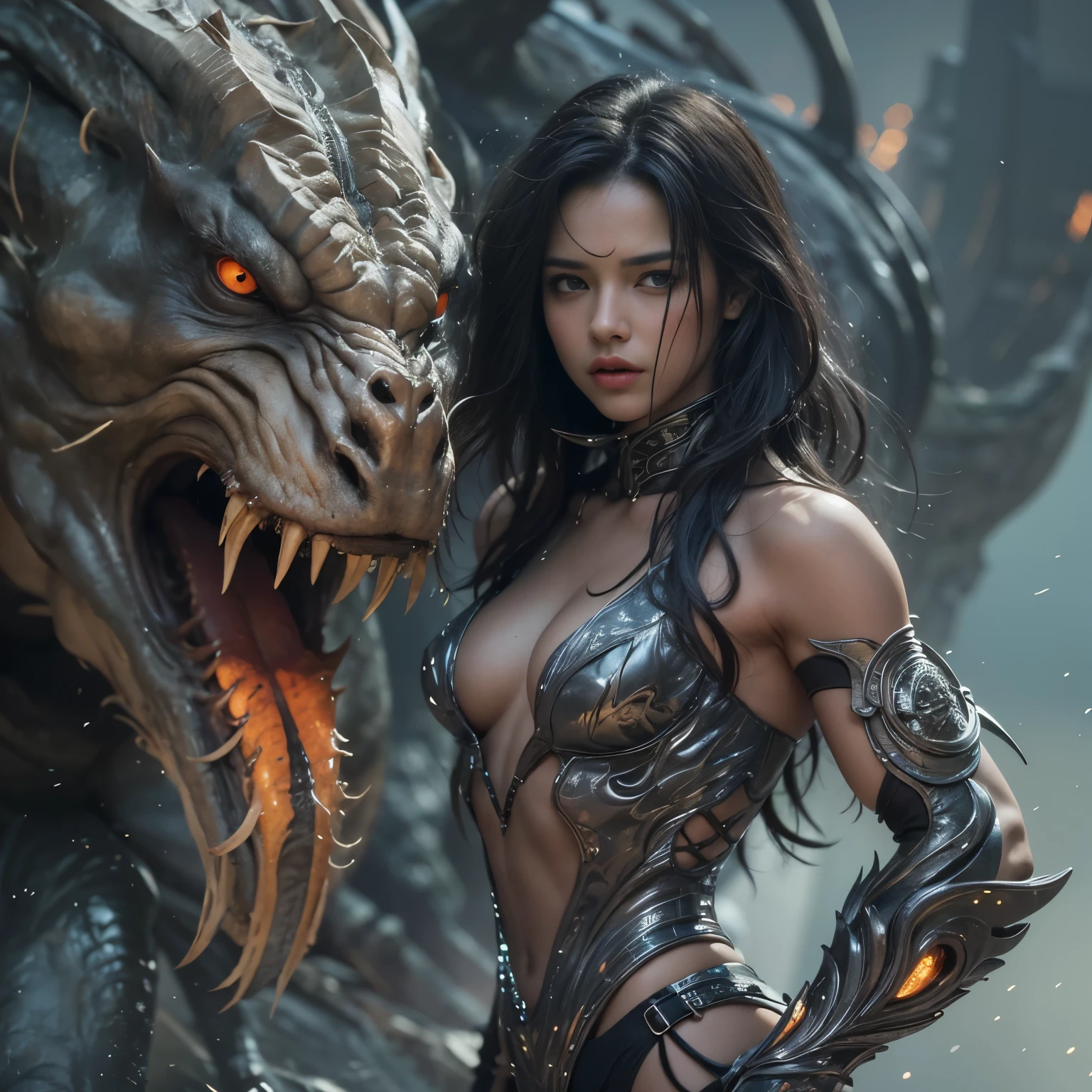 1 female alien, The predator, (extremely beautiful:1.2), (intense gaze:1.4), (predator:1.1), long dark claws, (NSFW:1), nipples, thick eyebrows, (She has shining sky blue orange eyes:1.2), the most beautiful face in the universe, jet black hair, symmetrical beautiful eyes, hyper detailed eyes,

A woman predator with an extremely beautiful face, her intense gaze fixed on her prey, a primal force that could not be denied.

(beautiful lean body:1.5), (muscular build:1.2), (prowling:1.3), (sleek movements:1.4)

Her beautiful body, muscular and toned, moved with sleek grace as she prowled, ready to strike at a moment's notice. The predator within her was always on,                                                                          
                                                                                                                                                               
 cinematic drawing of characters, ultra high quality model, cinematic quality, detail up, (Intricate details:1.2), High resolution, High Definition, drawing faithfully, Official art, Unity 8K wall , 8K Portrait, Best Quality, Very High resolution, ultra detailed artistic photography,