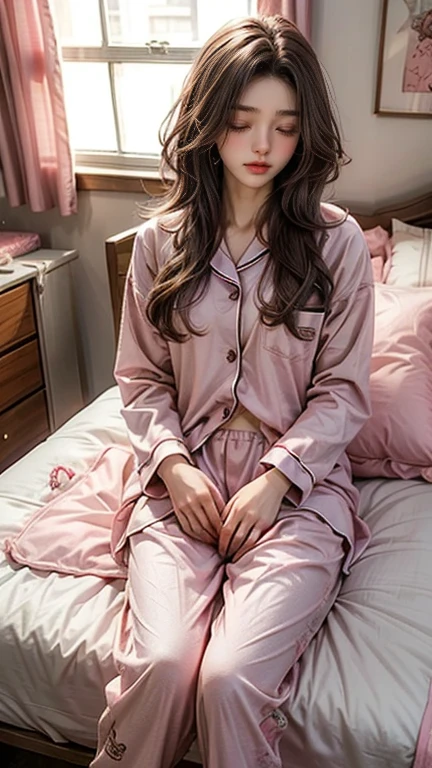 Sleeping girl, 22 years old, Realistic, She is wearing long pants, She is wearing pink pajamas, Brown Hair.