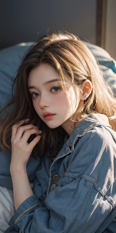 (masterpiece: 1.2, Portraiture, Highest quality), Realistic, (Live Action, Intricate details, Written boundary depth), Highest quality, masterpiece, Attention to detail, semi-Realistic,  sleeping in bed, shy, 21 years old, Short Blonde, blue eyes, pajamas, Slim figure、Canopy bed、