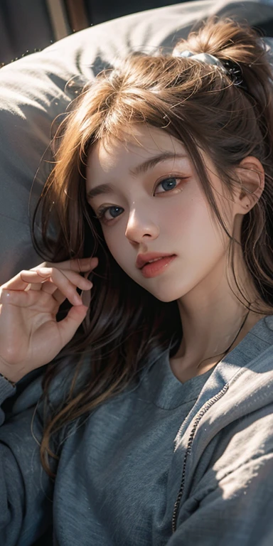 (masterpiece: 1.2, Portraiture, Highest quality), Realistic, (Live Action, Intricate details, Written boundary depth), Highest quality, masterpiece, Attention to detail, semi-Realistic, sleeping in bed, shy, 21 years old, Short Blonde, blue eyes, pajamas, Slim figure、Canopy bed、