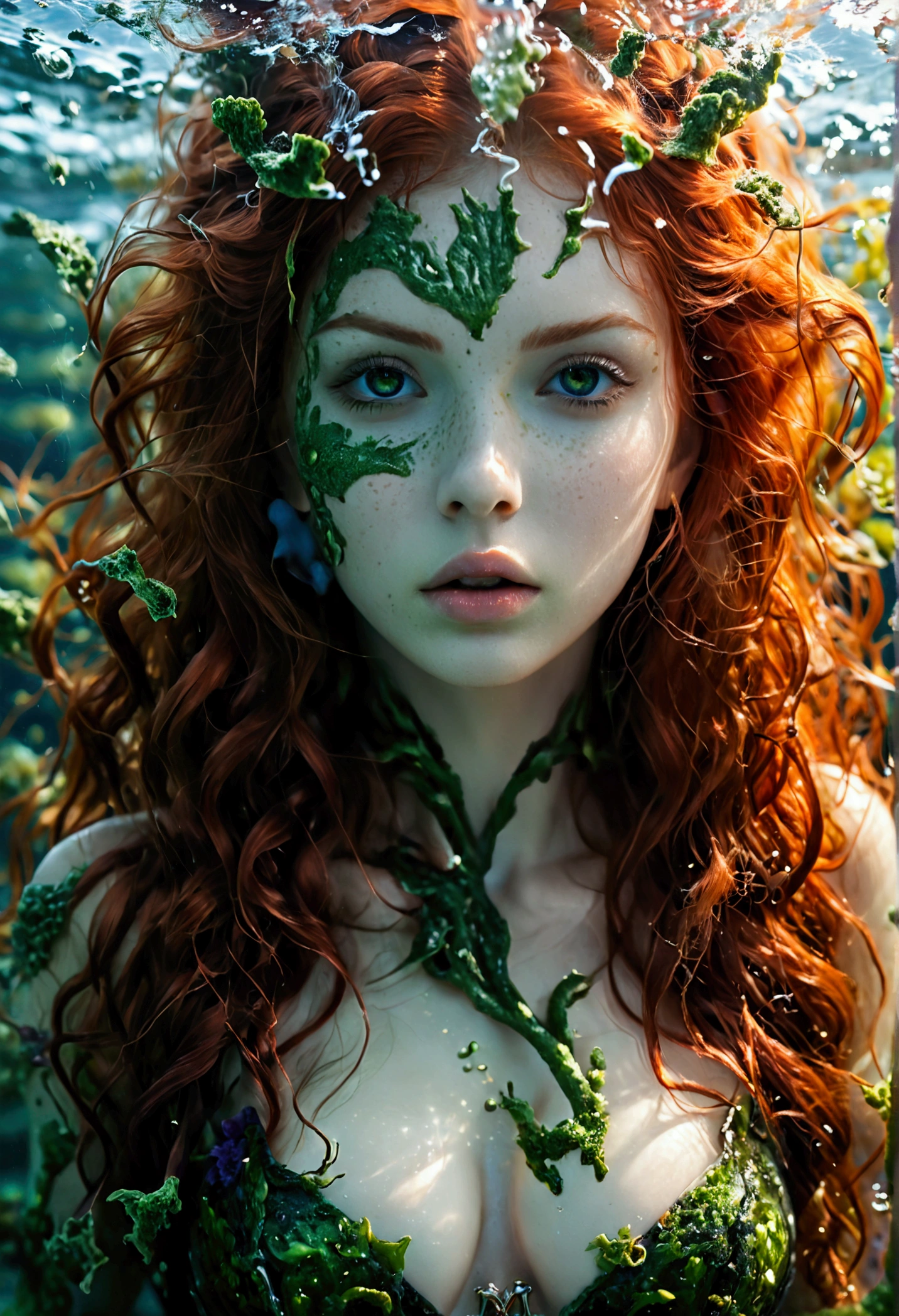 ultra realistic, photography, long red hair, girl, 24 years old, hourglass figure, perfect body, Flirty look, natural medium breasts, a picture of a sea witch, evil, villain, she is coming to you, up close, dark ocean,( underwater:1.1), lightning, bright eyes, wearing a dress made of algae