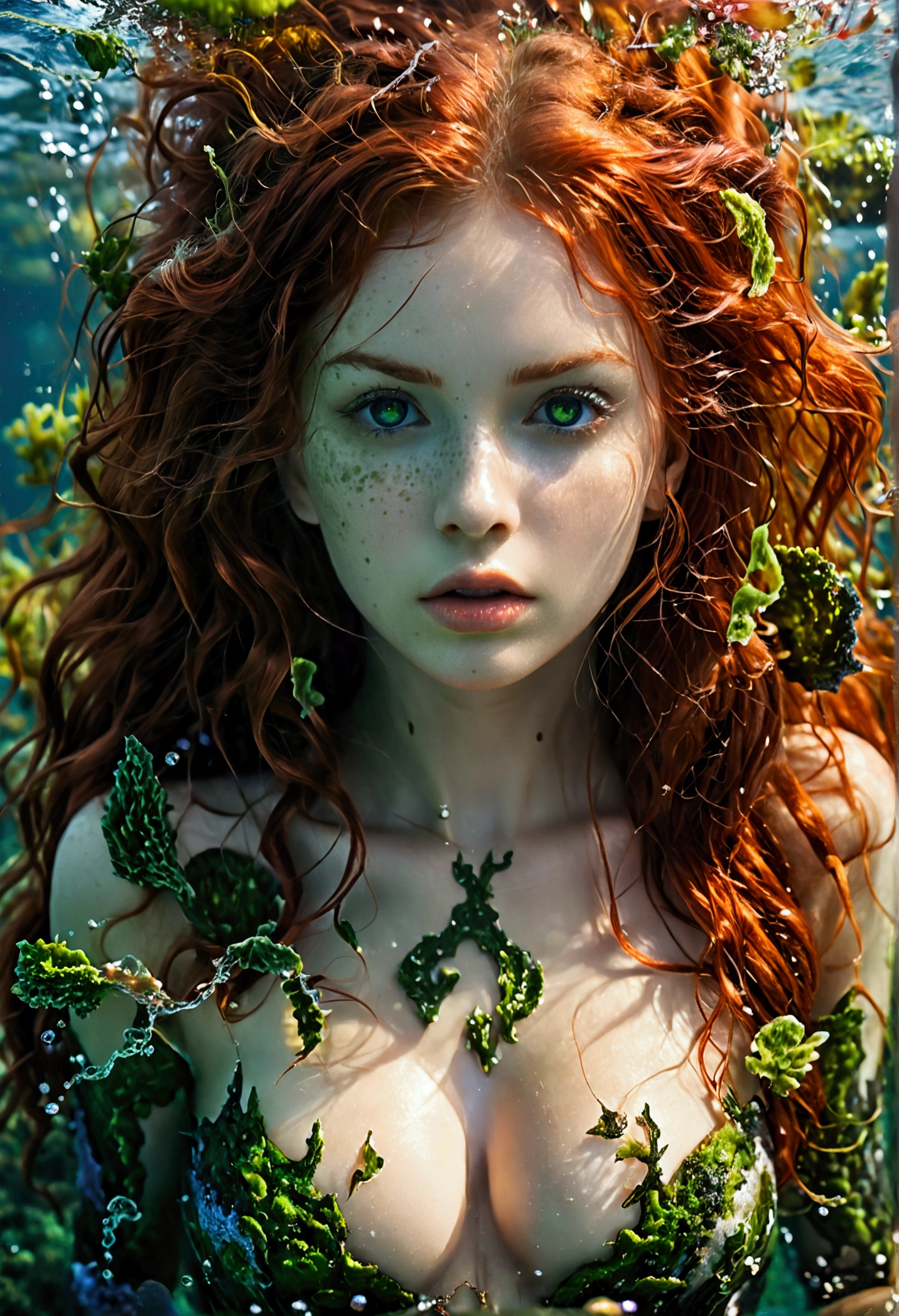 ultra realistic, photography, long red hair, girl, 24 years old, hourglass figure, perfect body, Flirty look, natural medium breasts, a picture of a sea witch, evil, villain, she is coming to you, up close, dark ocean,( underwater:1.1), lightning, bright eyes, wearing a dress made of algae