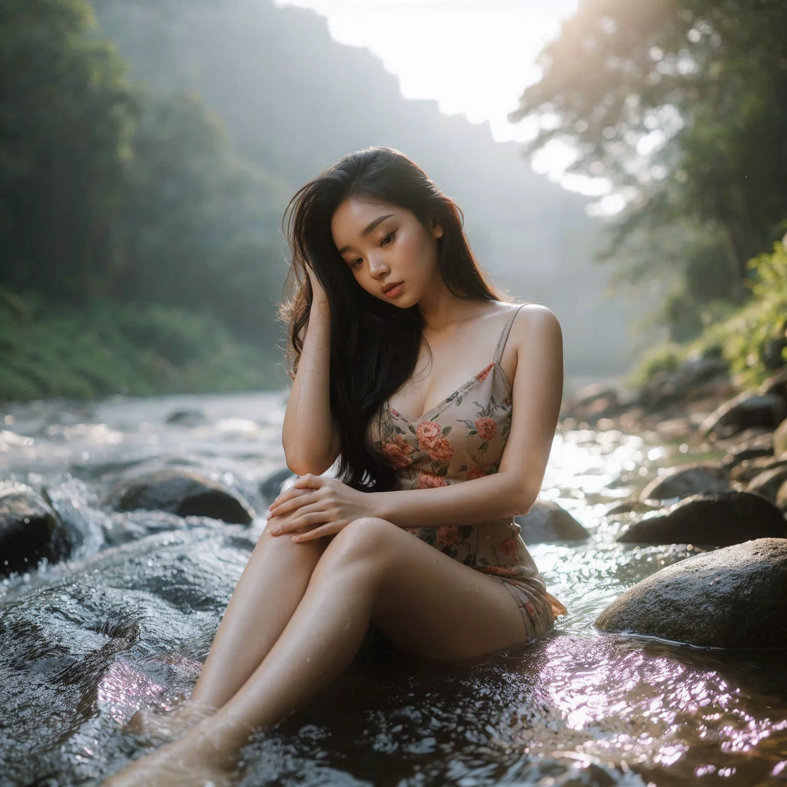 Lifestyle photoshoot, a beautiful indonesian girl (slightly overweight), soaking in the river, bright light, ultra HD 16K