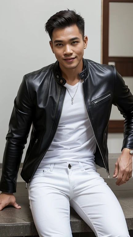 solo , 1man , thai man , leather jacket , white shirt , Long pants jeans , happy , sit