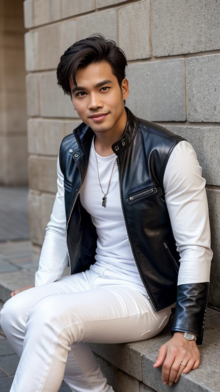 solo , 1man , thai man , leather jacket , white shirt , Long pants jeans , happy , sit