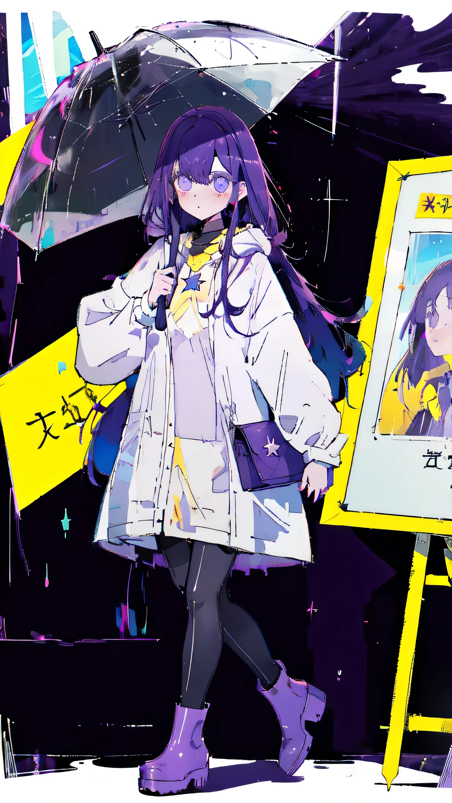 1girl, solo, raincoat, walking in the rain, flat color, rainboots, bag, transparent hood up, long sleeves, purple hair, star-shaped pupil, long hair, bangs, looking at viewer, holding umbrella, limited palette, yellow footwear, road sign,