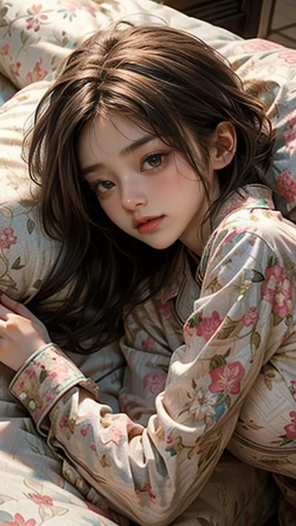 Cute girl lying face down on the bed and looking at you, 22 years old, Realistic, She wears a short, She is wearing floral pajamas, short hair.