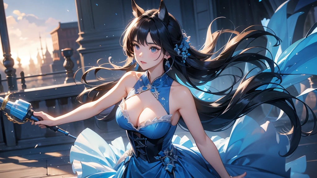 Big Breasts、Blue ruffled dress、Black Hair、horse ear、Drill Hair、Sprinting、evening、Masterpiece。