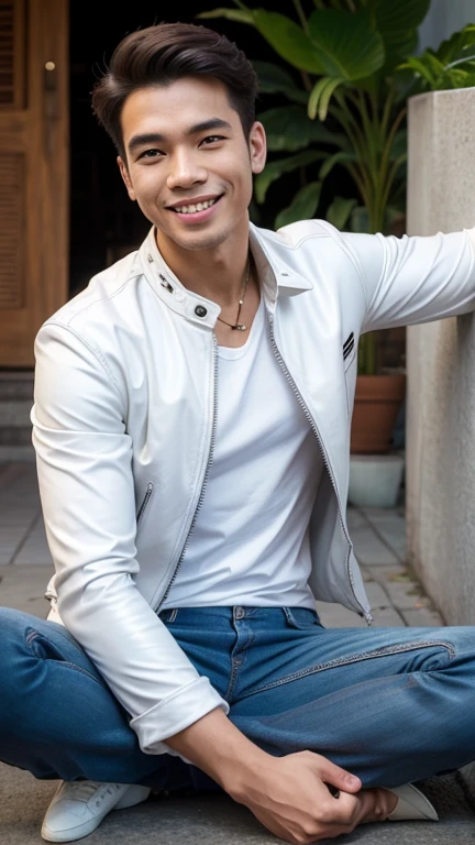 solo , 1man , thai man , leather jacket , white shirt , Long pants jeans , happy , sit