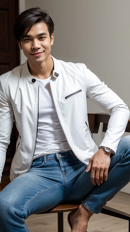 solo , 1man , thai man , leather jacket , white shirt , Long pants jeans , happy , sit