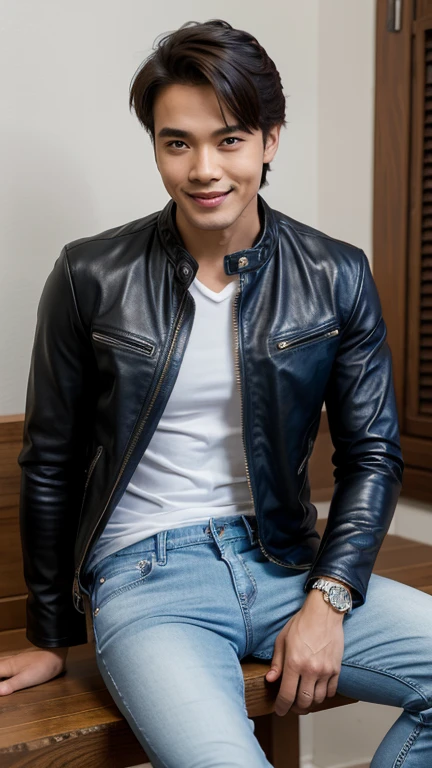solo , 1man , thai man , leather jacket , white shirt , blue Long pants jeans , happy , sit