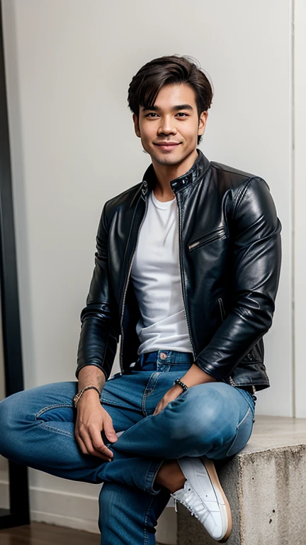 solo , 1man , thai man , leather jacket , white shirt , blue Long pants jeans , happy , sit