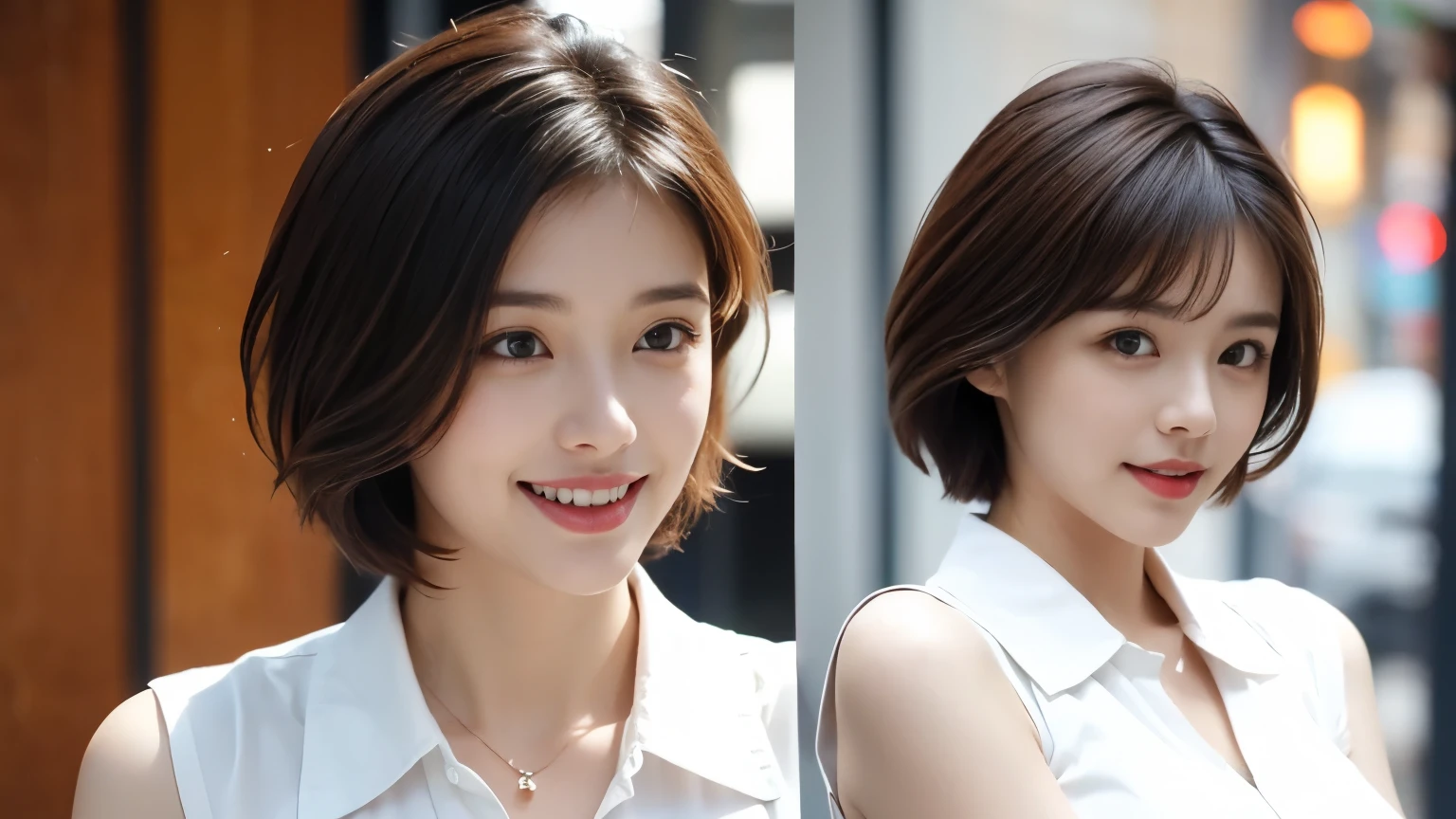 (RAW Photos, Highest quality), (Realistic, Photorealistic:1.3), Tabletop, Very delicate and beautiful, Very detailed, Hmph, Unity , 2k wallpaper, wonderful, Fine details, Light Smile, Highly detailed ticker Unity 8k wallpaper, Huge file sizes, Very detailed, High resolution, Absurd, Soft Light, (((short hair:1.3), Short bangs, Floating Hair NovaFrogStyle)), ((The ultimate beautiful Japanese wife)), 50 generations, Detailed eyes, (Big eyes:1.4), Detailed lips, 非常にDetailed eyesと顔, Beautifully detailed nose, Beautiful attention to detail, Long eyelashes, Light on the face, (Lips apart:1.2), (Beautiful white teeth:1.3), Mature Face, (Photographed inside the cafe), Realistic face, Realistic body, Beautiful and exquisite thighs, (Cowboy Shot:1.3), Cross-strap clothing, Collared shirt, At the cafe, Detailed interior of the cafe, 