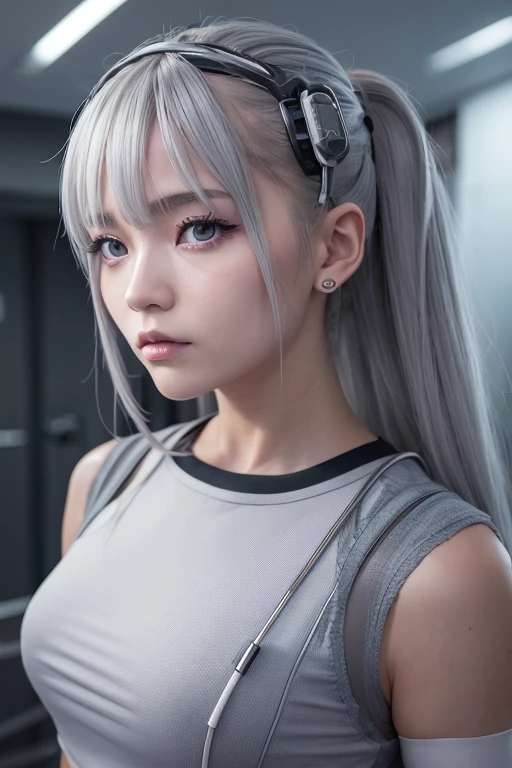 With gray hair \(cyber punk\), girl, defenseless、Nurse uniform,Ripped clothes,, Grey Eyes, View your audience,Modern hospitals