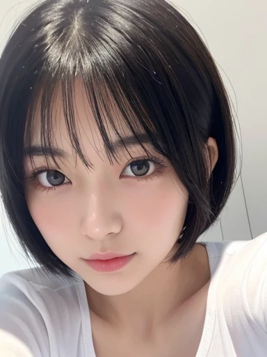 20-year-old women、Japanese、Beauty、The eyes are double、White T-shirt、White Background、Breast、Beautiful Skin、Glossy Lips、Black short hair、Upper Body、head whole、Selfie from diagonally above