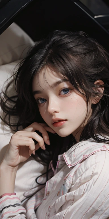 (masterpiece: 1.2, Portraiture, Highest quality), Realistic, (Live Action, Intricate details, Written boundary depth), Highest quality, masterpiece, Attention to detail, semi-Realistic,  Sleeping in bed, shy, 21 years old, Short Blonde, blue eyes, pajamas, Slim figure、Canopy bed、 sleeping beauty,