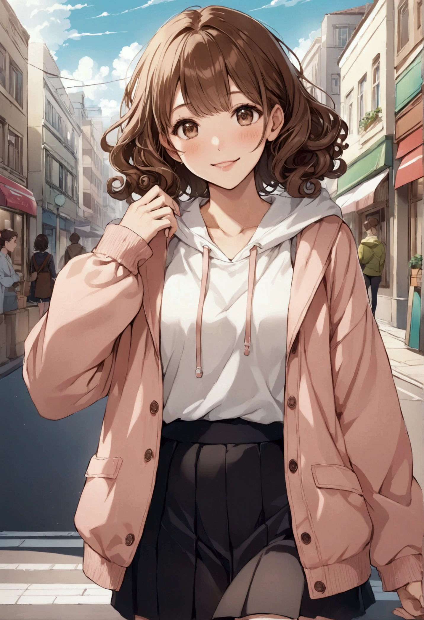 (Highest quality:0.8) Perfect anime illustration, cute, Happy woman with short curly brown hair on a city street, Wearing a hoodie, skirt