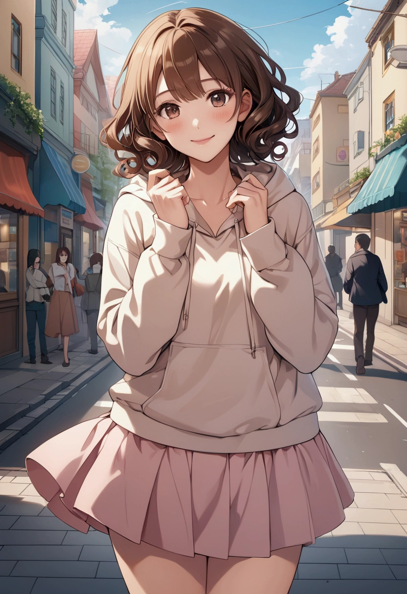 (Highest quality:0.8) Perfect anime illustration, cute, Happy woman with short curly brown hair on a city street, Wearing a hoodie, skirt
