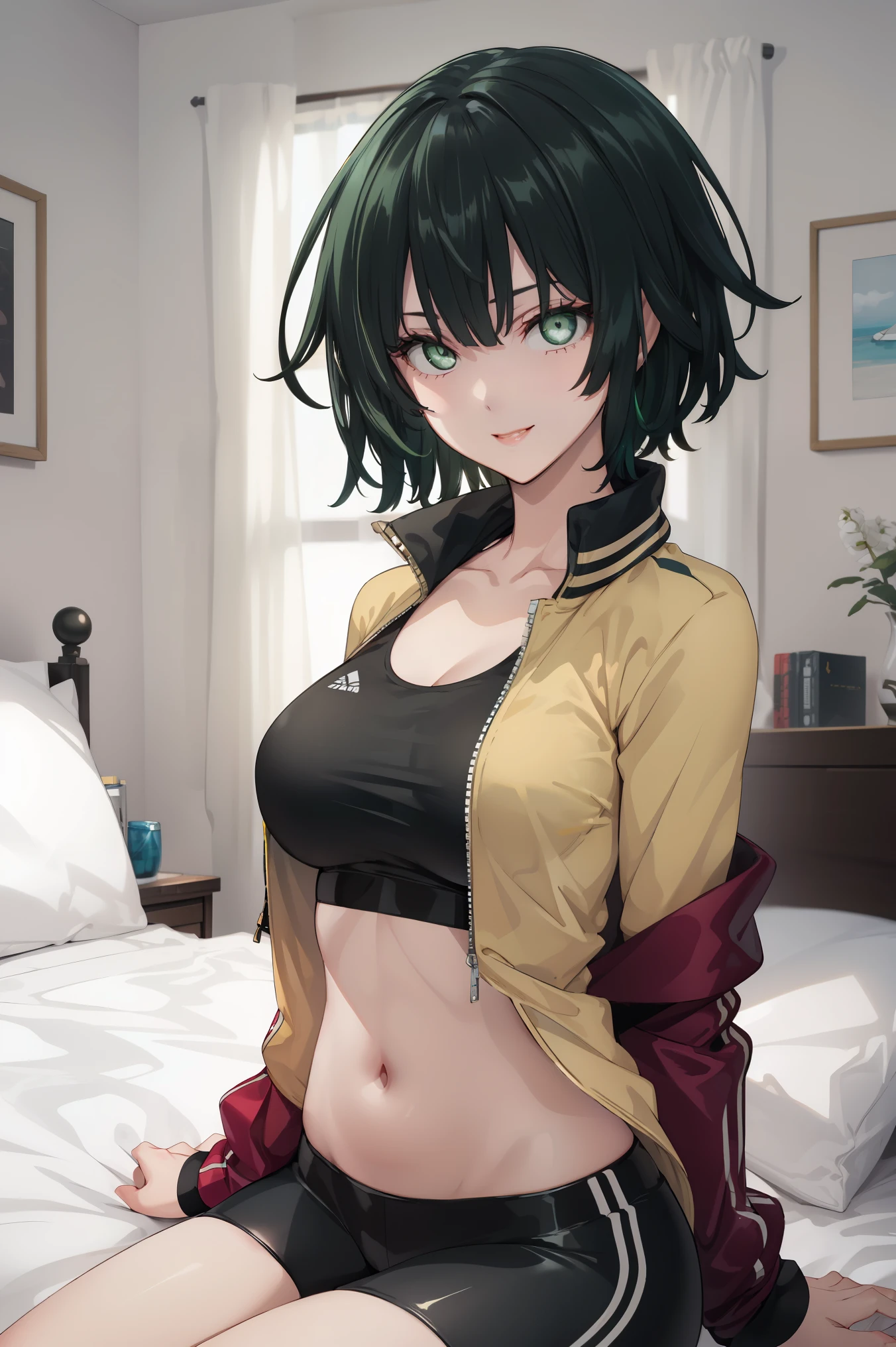 green eyes, (green color hair:1.2),By bang,short hair, flawless skin,dainty smile,vibrant red lips,
BREAK (yellow jacket, open jacket, sports bra, bike shorts, midriff:1.2)
BREAK beautiful face,smiling,close up to hips, moderate breast, sitting on beds, (open mouth:0.4),portrait style,vivid colors,soft lighting, blushing, mature, ((hands behind back:1.5)),
BREAK (masterpiece:1.2), best quality, high resolution, unity 8k wallpaper, (illustration:0.8), (beautiful detailed eyes:1.6), extremely detailed face, perfect lighting, extremely detailed CG, (perfect hands, perfect anatomy),
