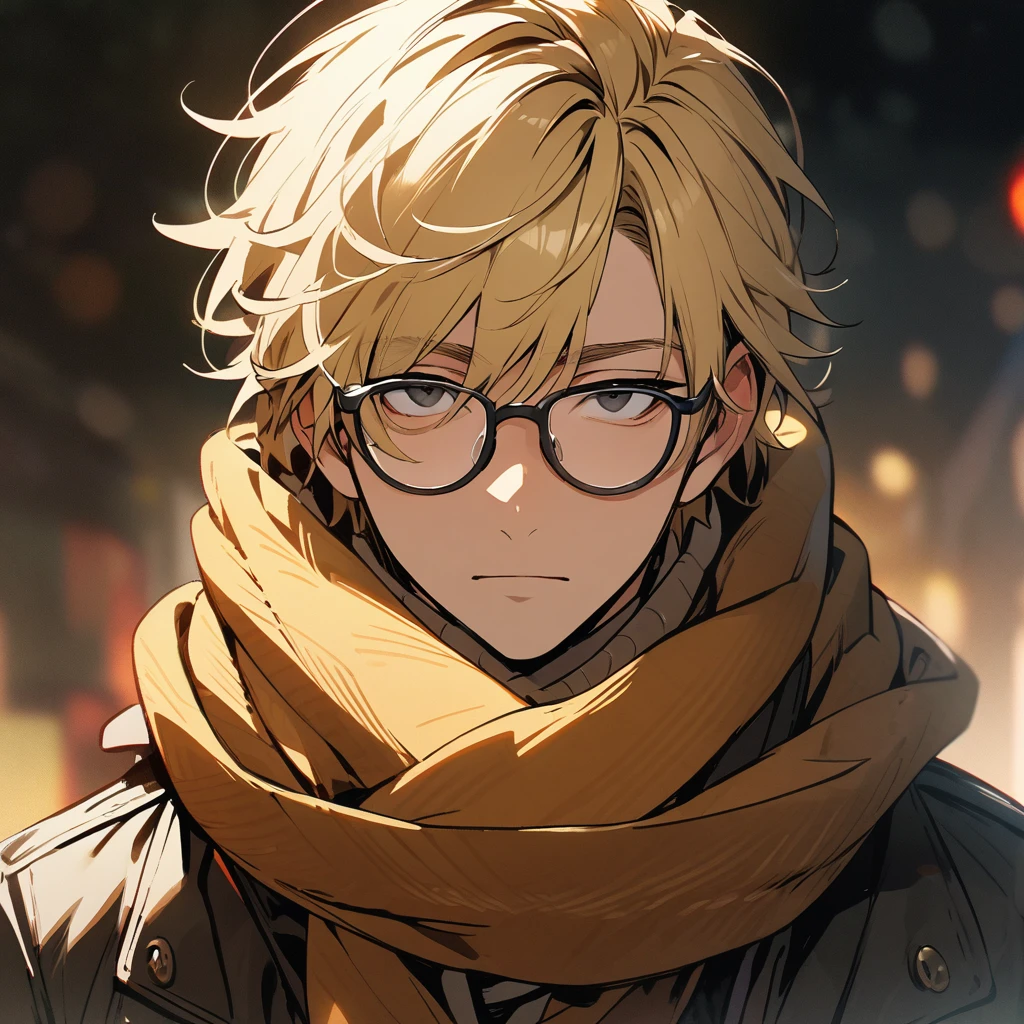 male, solo, handsome, blond hair, high detail, black eyes, wearing scarf, glasses, main face, front face, innocent