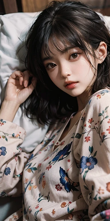 A cute girl lying face down on the bed is looking at you, 22 years old, Realistic, She wears a short, She is wearing floral pajamas, short hair.Shoulder Bare