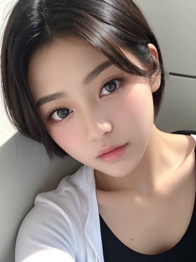 20-year-old women、Japanese、Beauty、The eyes are double、White T-shirt、White Background、Breast、Beautiful Skin、Glossy Lips、Black short hair、Upper Body、head whole、Selfie from diagonally above