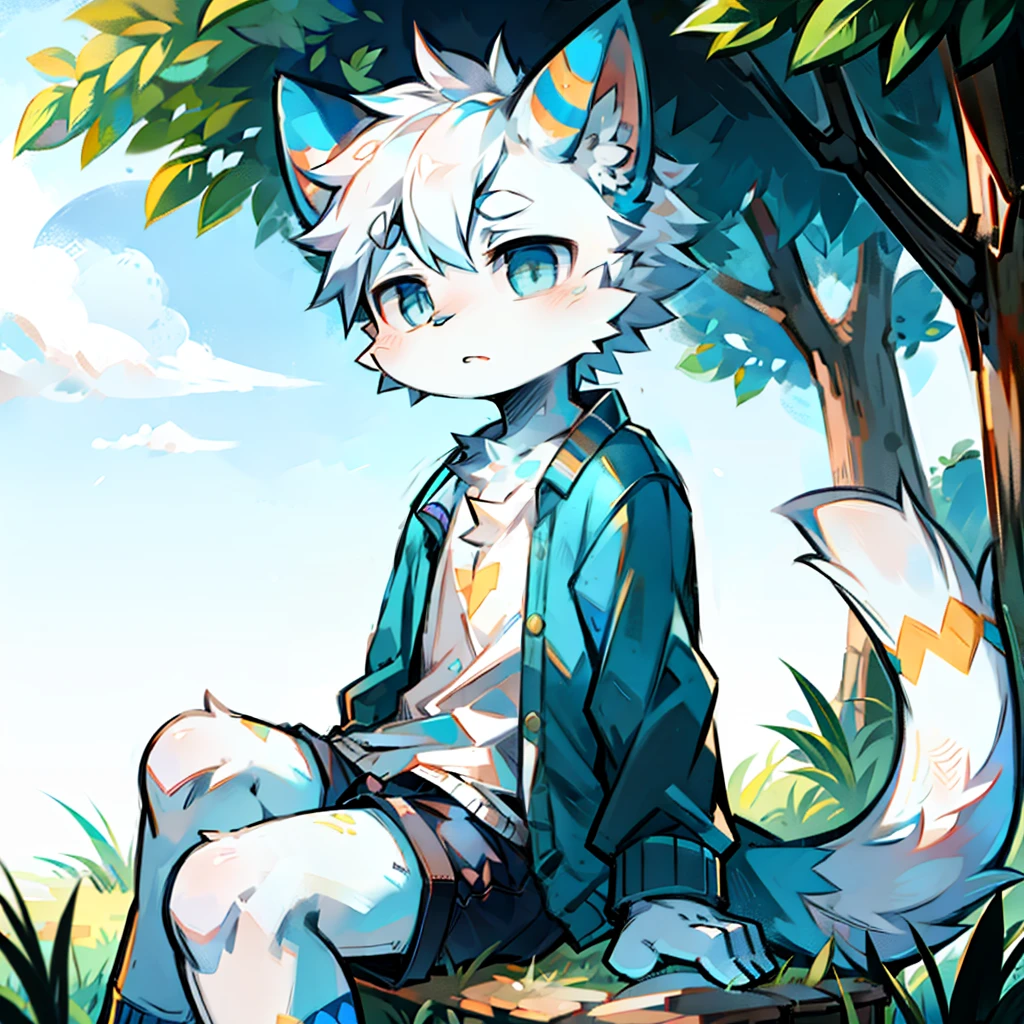 furry， cat boy，（White hair），（Blue Skin），（blue ear），blue eyes，Sitting on the grass，（Wear short white socks），Light pajamas and shorts，Blank Background，The only person，high quality