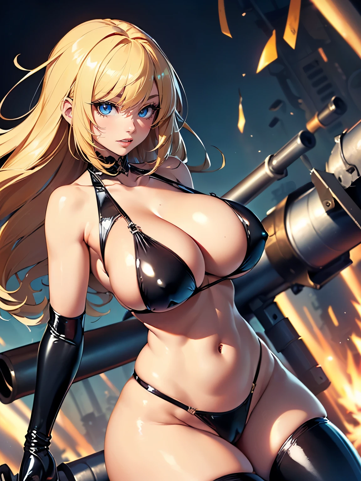 ((Seductive Anime Girl:1.2))、((Meticulously drawn hands:1.2))、Meticulously drawn hair, Meticulously drawn eye, Precise human body structure、((Combative posing:1.2)), ((Holding a big Heavy artillery:1.6, armament:1.3))、((dynamism:1.3))、((dynamic angle:1.5))、((Being in battle field:1.2))、((latex micro bikini:1.3 crop top:1.3))、((sleeveless:1.5))、((crop top navel))、((highleg:1.3))、((huge breasts:1.3))、((huge hip:1.3))、((thick thighs))、curvy、((collarbone))、((cameltoe))、((Glossy realistic skin texture))、((shiny skin))、((Meticulously drawn hands:1.2))、perfect anatomy、masterpiece, ultra-detailliert, 8k, hiquality, Top image quality, Smooth texture、watercolor