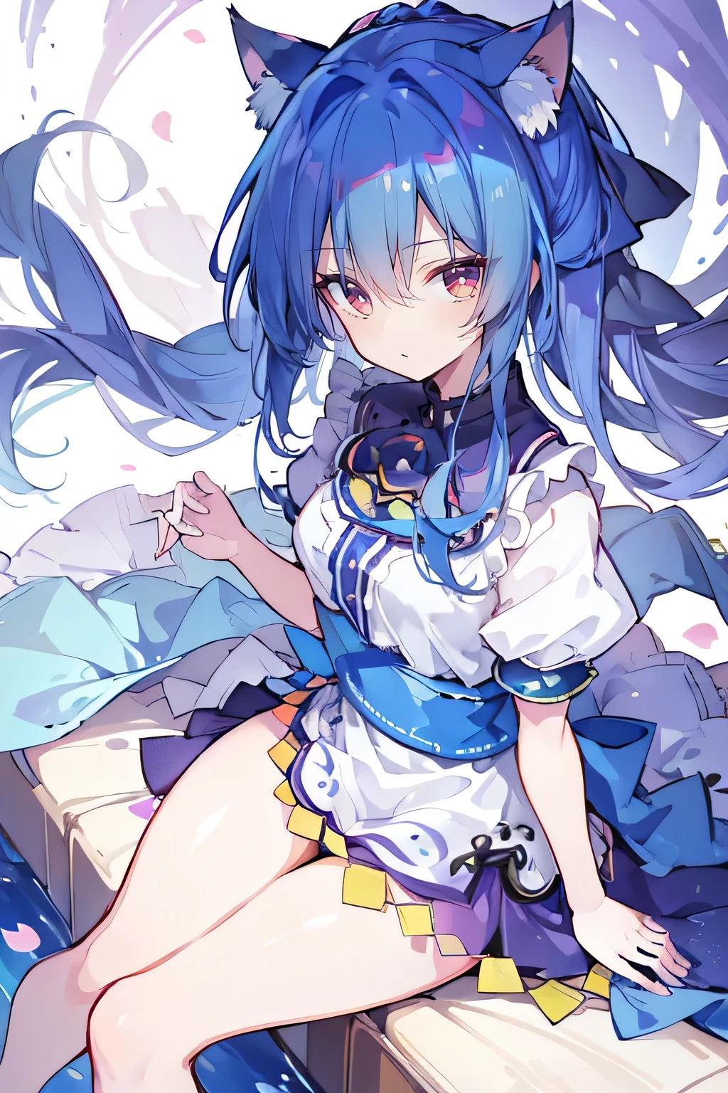 (masterpiece:1.2),ultra-detailed,realistic,expressive eyes,fair-skinned,perfectly shaped face,1girl,
Japanese cartoons,Gorgeous blue hair, flowing blue hair,floating clothes,cat ears,petals falling,beautiful Lola,Hina Angel,
hands on waist,gracefully sitting on the ground,legs crossed,gentle and serene.