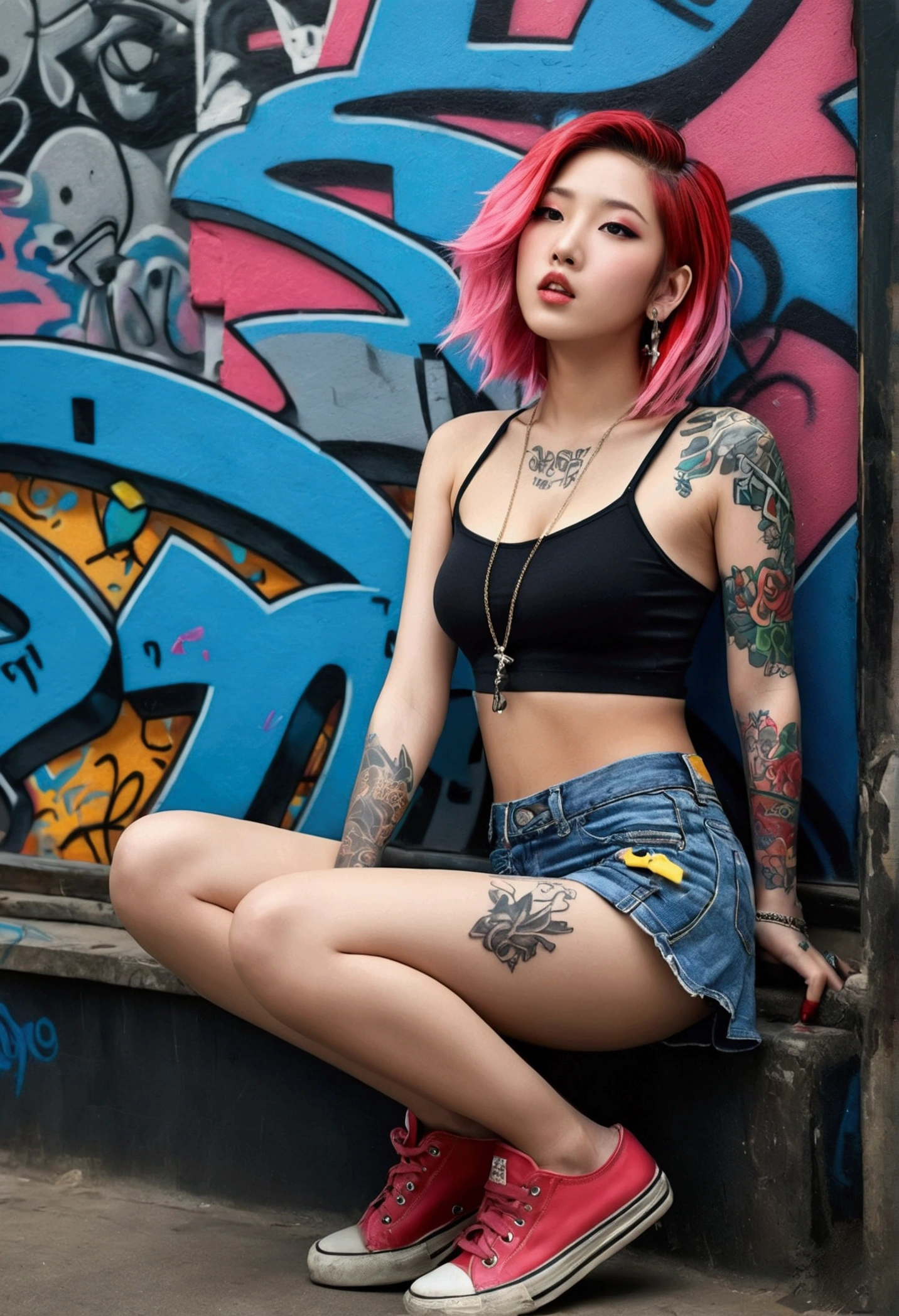 (Maximum image quality), (masterpiece), (Dynamic, realistic photography, realist, Amazing, Dark, sharp focus, 8k), Full color drawing of korean girl hip hop, hip hop, hip hop, hip hop, Miniskirt jeans, Rap (((graffiti art))), At the bottom of the sea, crazy details, complicated details, hyper details , low contrast, Suave, cinematic light, touch combination, HdR, Forehead (1 girl), bare legs, bare shoulders, (colorful hair), music, White skin, sexy, luxurious, Model pose , (detailed face, Lips, nose, red, eyelid, Lipsstick, beautiful face), thigh length skirt, (whole body), (whole body get tattoo:1.2), Pink sneakers, good body, open legs