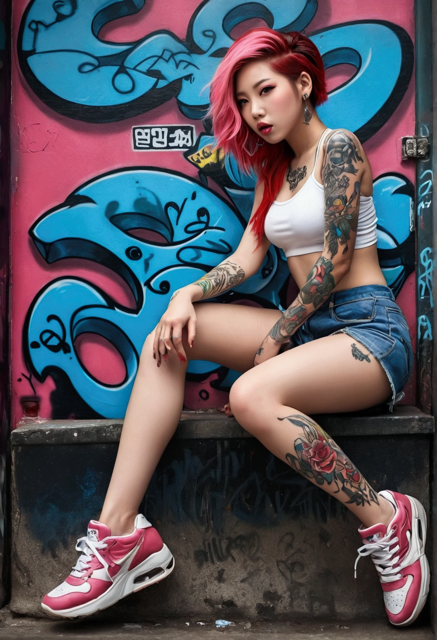 (Maximum image quality), (masterpiece), (Dynamic, realistic photography, realist, Amazing, Dark, sharp focus, 8k), Full color drawing of korean girl hip hop, hip hop, hip hop, hip hop, Miniskirt jeans, Rap (((graffiti art))), At the bottom of the sea, crazy details, complicated details, hyper details , low contrast, Suave, cinematic light, touch combination, HdR, Forehead (1 girl), bare legs, bare shoulders, (colorful hair), music, White skin, sexy, luxurious, Model pose , (detailed face, Lips, nose, red, eyelid, Lipsstick, beautiful face), thigh length skirt, (whole body), (whole body get tattoo:1.2), Pink sneakers, good body, open legs