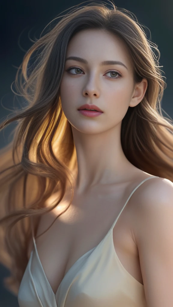 A beautiful elegant woman, detailed facial features, long eyelashes, flawless porcelain skin, graceful pose, flowing hair, delicate feminine features, soft lighting, ambient lighting, warm color palette, cinematic composition, masterpiece, photorealistic, 8k, high resolution, hyper detailed, intricate details, realistic, lifelike skin, volumetric lighting, cinematic lighting, chiaroscuro lighting, dramatic lighting, glowing skin, detailed folds and textures in clothing, pristine fabric, naturalistic, organic, fluid motion, elegant movement, serene expression