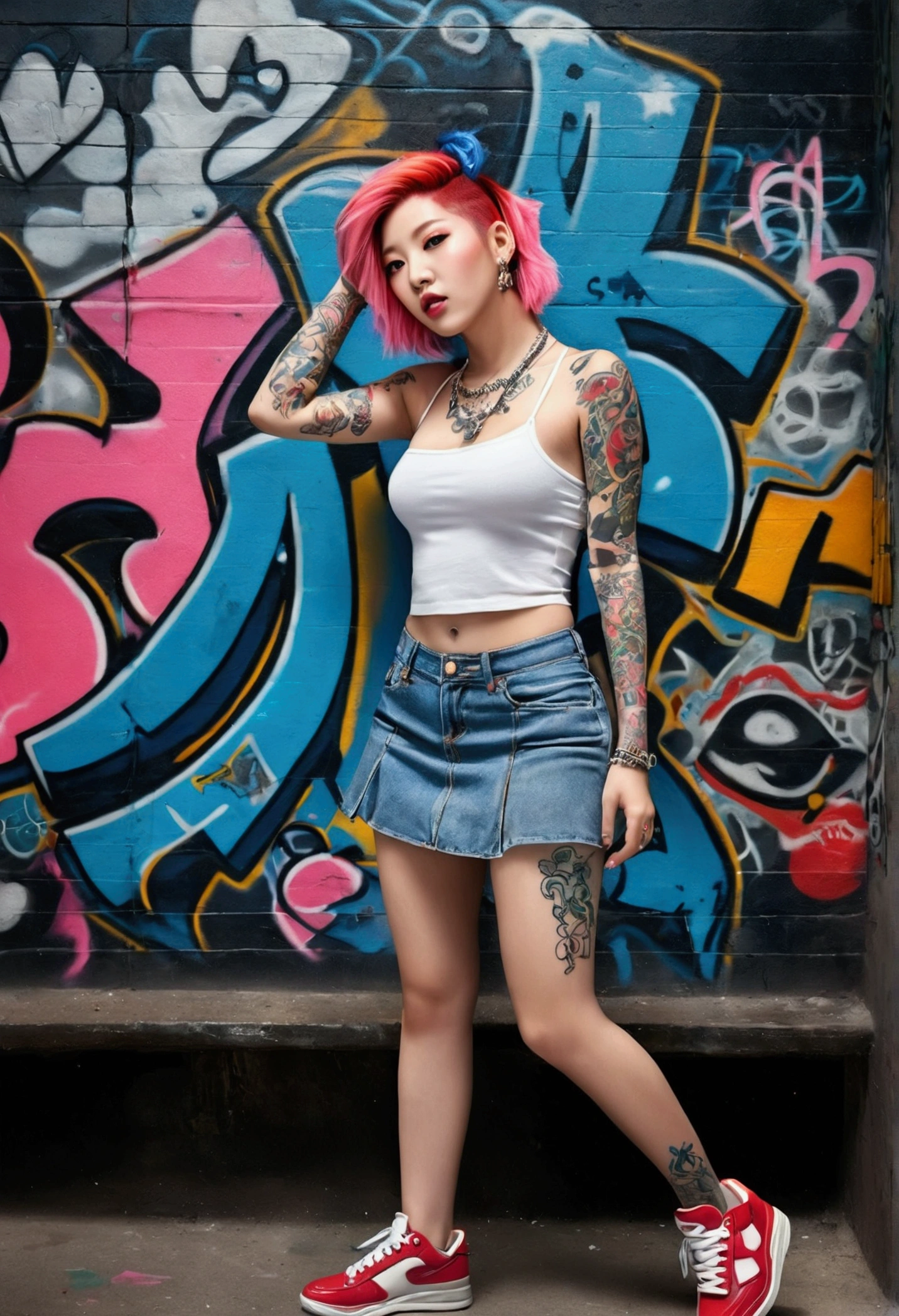 (Maximum image quality), (masterpiece), (Dynamic, realistic photography, realist, Amazing, Dark, sharp focus, 8k), Full color drawing of korean girl hip hop, hip hop, hip hop, hip hop, Miniskirt jeans, Rap (((graffiti art))), At the bottom of the sea, crazy details, complicated details, hyper details , low contrast, Suave, cinematic light, touch combination, HdR, Forehead (1 girl), bare legs, bare shoulders, (colorful hair), music, White skin, sexy, luxurious, Model pose , (detailed face, Lips, nose, red, eyelid, Lipsstick, beautiful face), thigh length skirt, (whole body), (whole body get tattoo:1.2), Pink sneakers, good body, open legs
