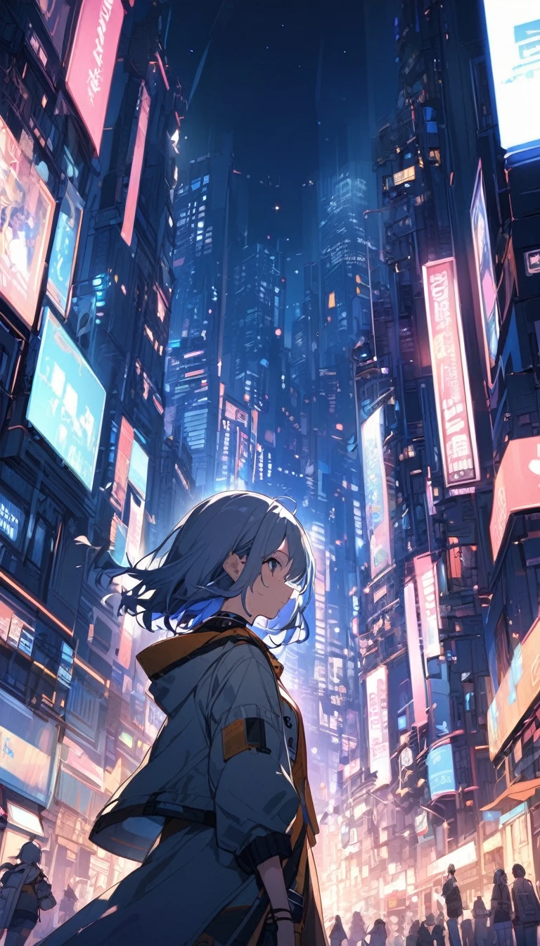 Night cityscape, wide sky,girl