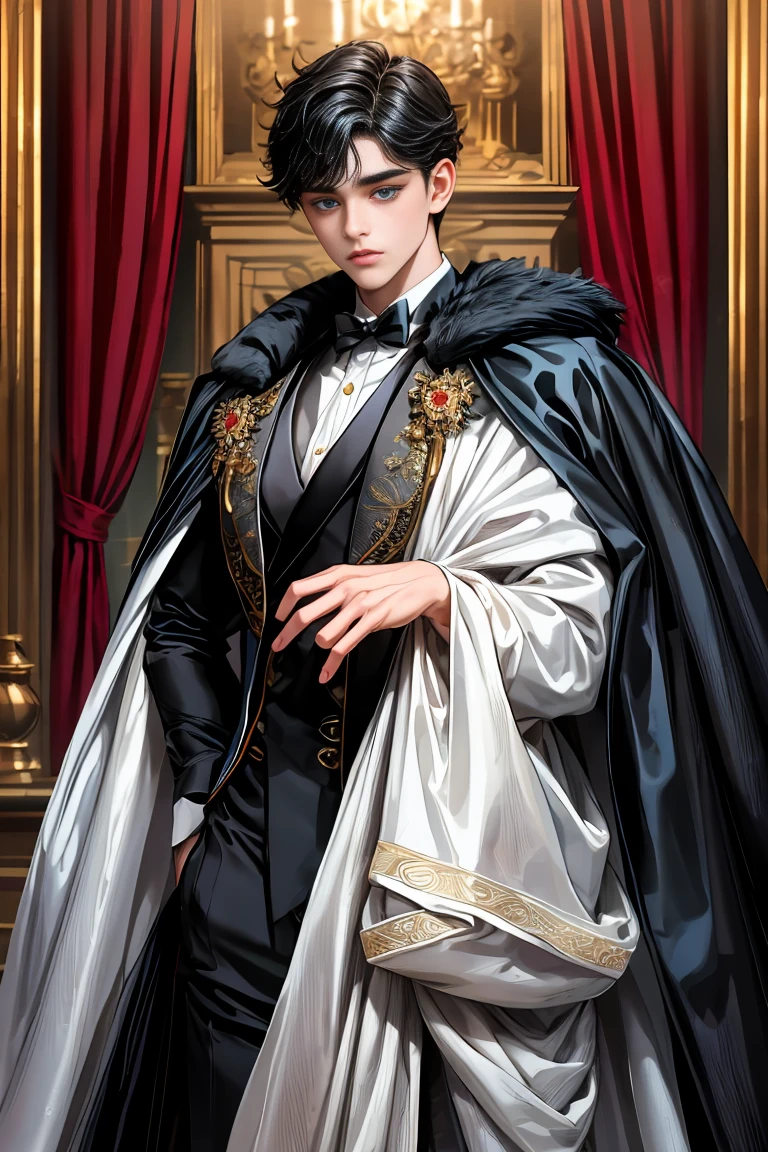 
masterpiece, 最high quality, high quality, 1 boy, alone, Male focus, Watching the audience,  Messy black hair, Adorable big blue eyes, White, Noble, Noble,A sexy, voluminous, puffy cape、tuxedo、A very voluminous, large, very large, very large, long, long red and black cape with a high stand-up collar, made of a lot of fabric that reaches down to the floor., ,Cute beautiful boys,Cute, cute, kind, handsome guy